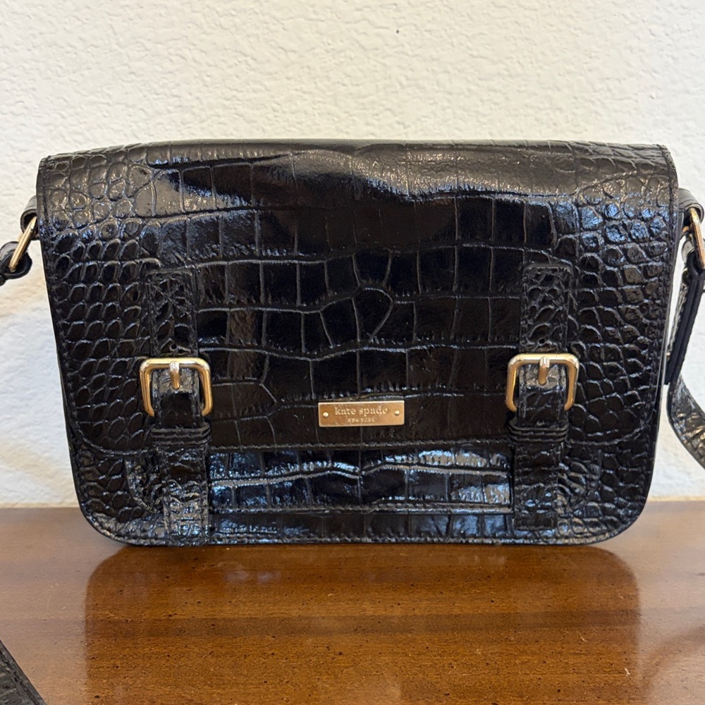 Kate Spade Black Croc Embossed Double Buckle Shoulder Crossbody Bag - Picture 3 of 16